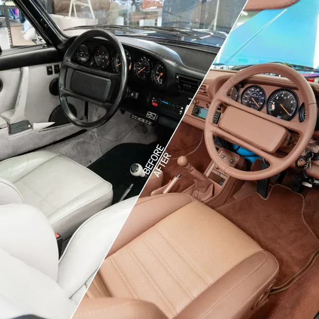Classic Porsche 911 interior before and after restoration in tan leather by DEIZ