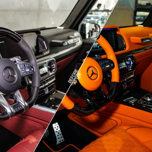 Mercedes-AMG G63 cockpit before and after custom orange leather upholstery by DEIZ