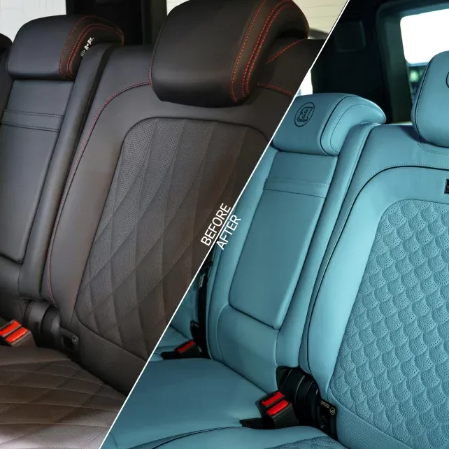 Mercedes-AMG G63 rear seats before and after a full DEIZ reupholstery in turquoise leather
